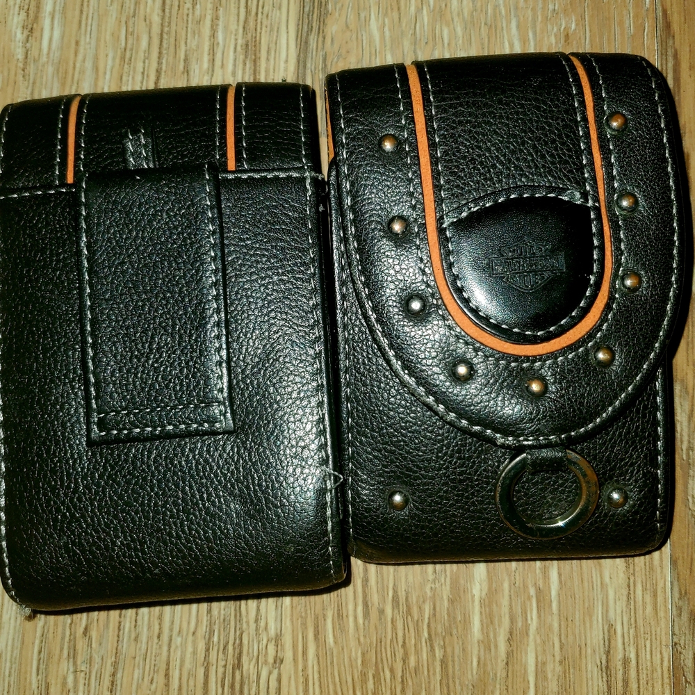 Black Leather Phone Holster with Orange Accents